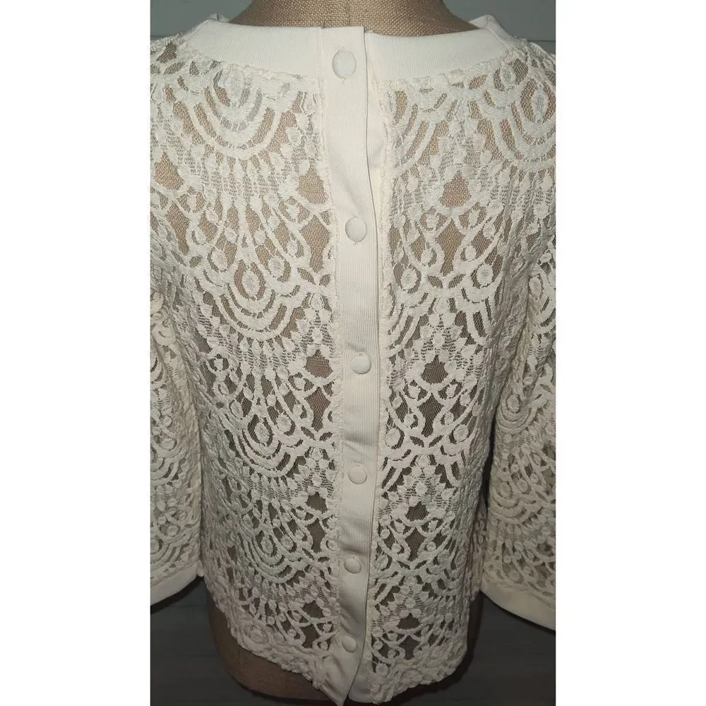 Banana Republic Button Up Back Top Women's MEDIUM Cream Lace Long Sleeve Poly Bl